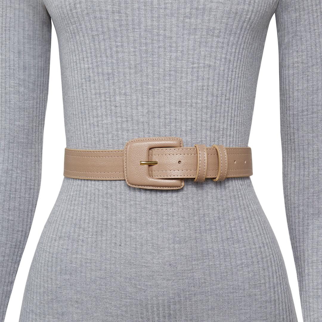 Women's Genuine Leather Belt with Rectangle Buckle in Beige