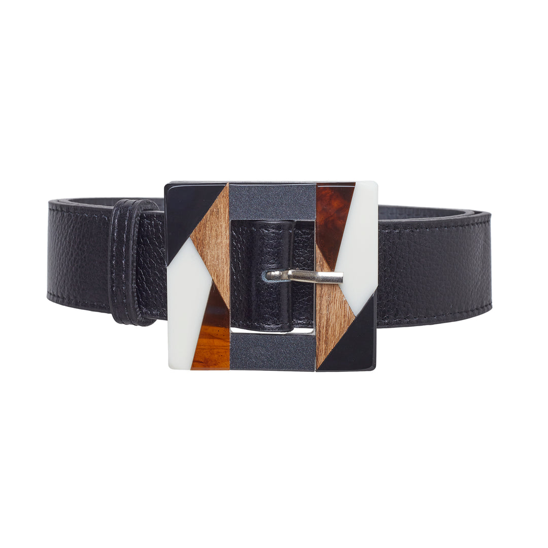 Nautica Black Leather Belt with ORAZIO Acrylic multicolor buckle EUC sz 14/16 fina Firenze Equestrian-style Black Genuine Leather Belt  main image 3