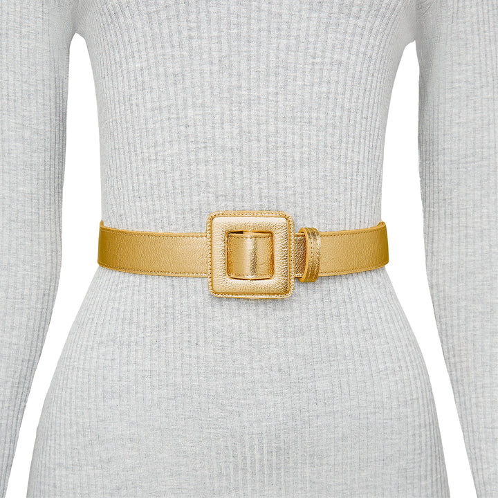 Women's Leather Belt - Suede Leather Belt with Mini Square Metallic Buckle  in Gold  BeltBe