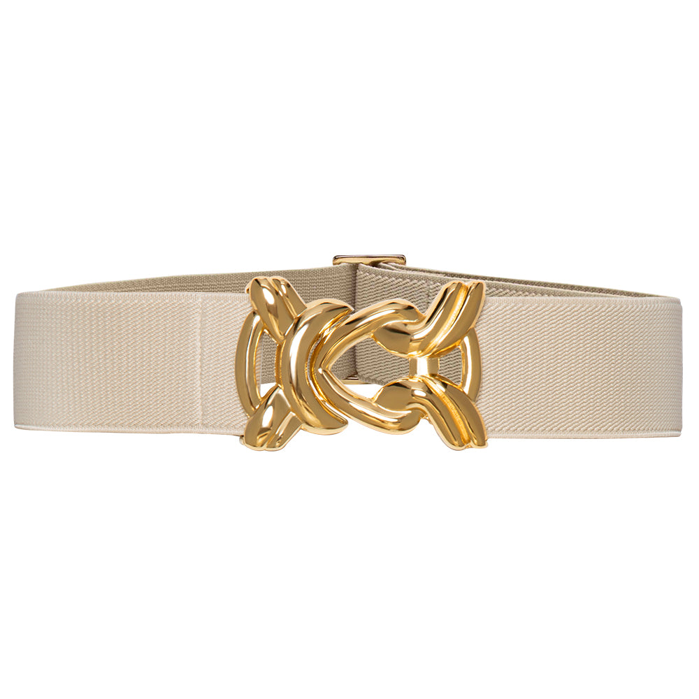 Women's One Size Elastic Stretch Belt with Gold Metal Knot Buckle - Off White BeltBe Women's One Size Elastic Stretch Belt with Gold Metal Knot Buckle - Off White BeltBe