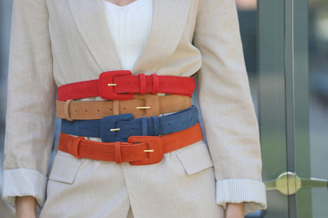 Red Suede Belt For Women Luxe Gold Buckle Evening Waistband 