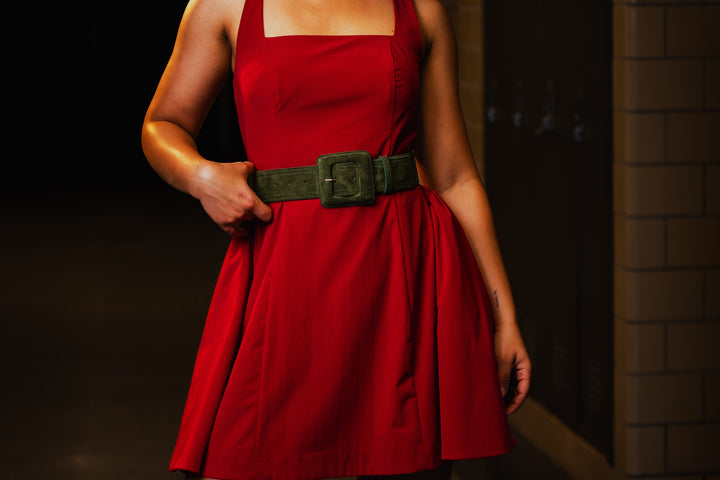 Women's Leather Belt - Suede Leather Belt with Square Buckle in Army Green   BeltBe